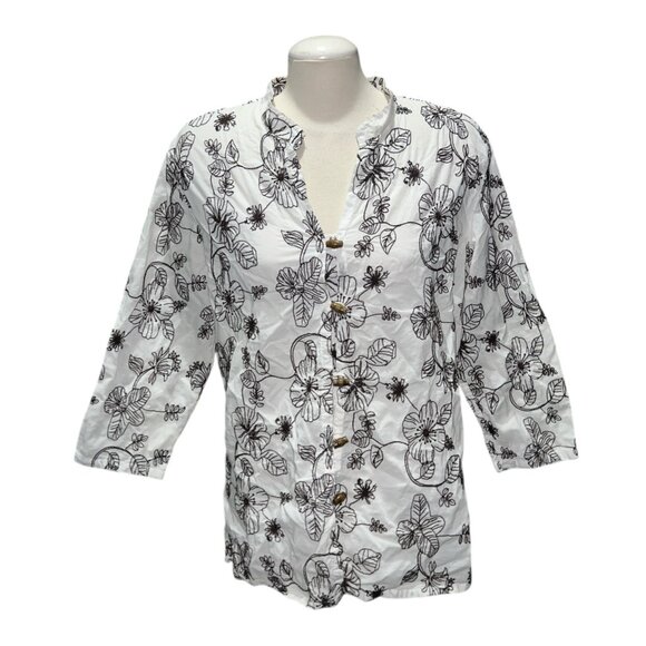 Charter Club Womens White & Black Floral Embroidered Cotton Button-Down Blouse S - Picture 7 of 13